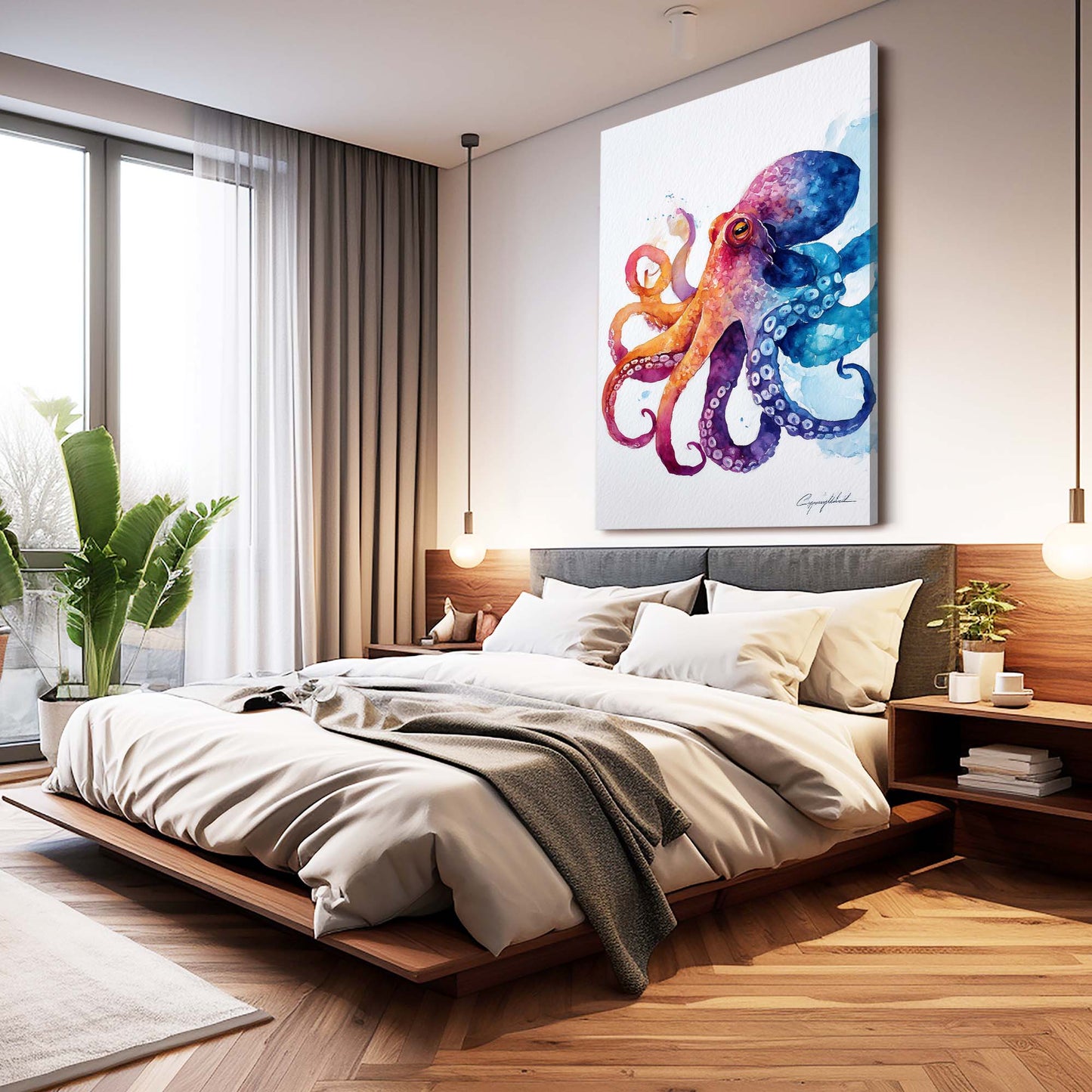 Rainbow Watercolor Octopus Wall Decor – styled in a furnished interior