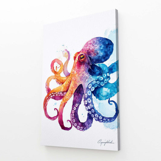 Rainbow Watercolor Octopus Wall Decor – angled canvas view on white background