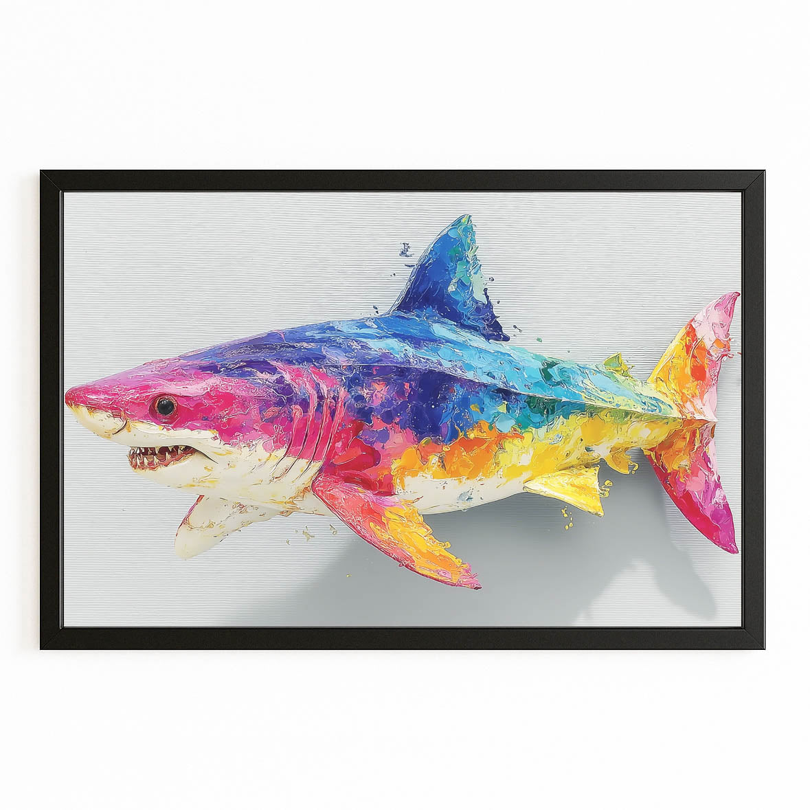 Rainbow Watercolor Shark Wall Decor – with Premium Black frame on white background