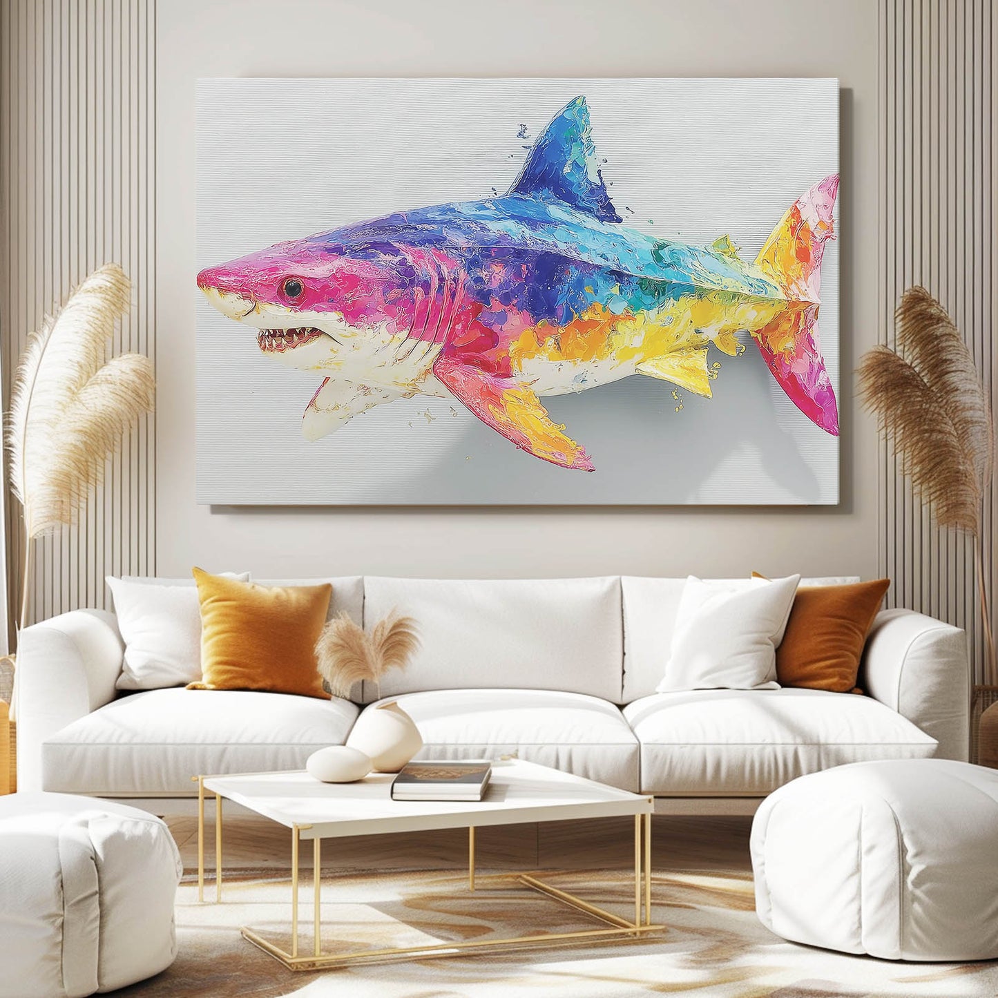 Rainbow Watercolor Shark Wall Decor – styled in a furnished interior