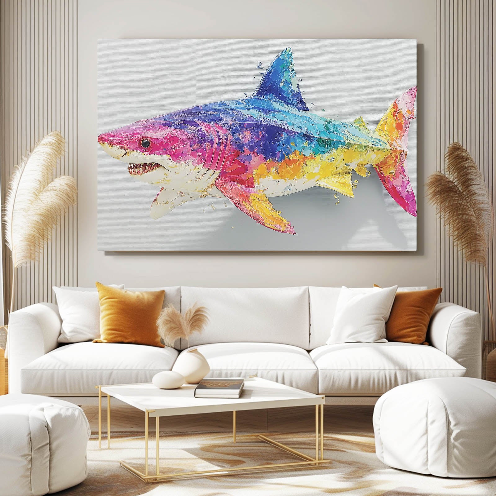 Rainbow Watercolor Shark Wall Decor – styled in a furnished interior
