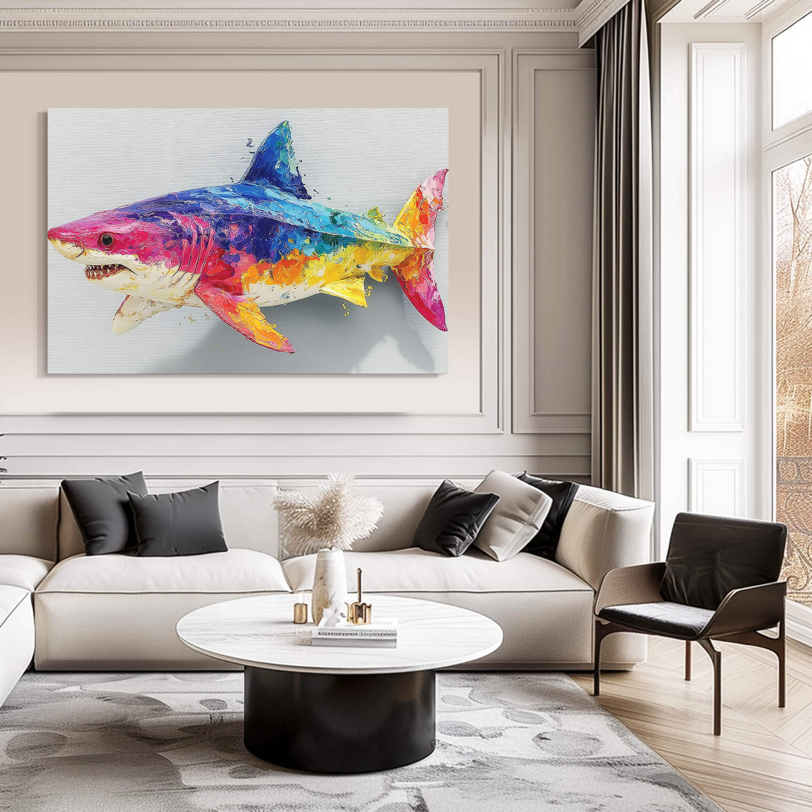 Rainbow Watercolor Shark Wall Decor – styled in a furnished interior