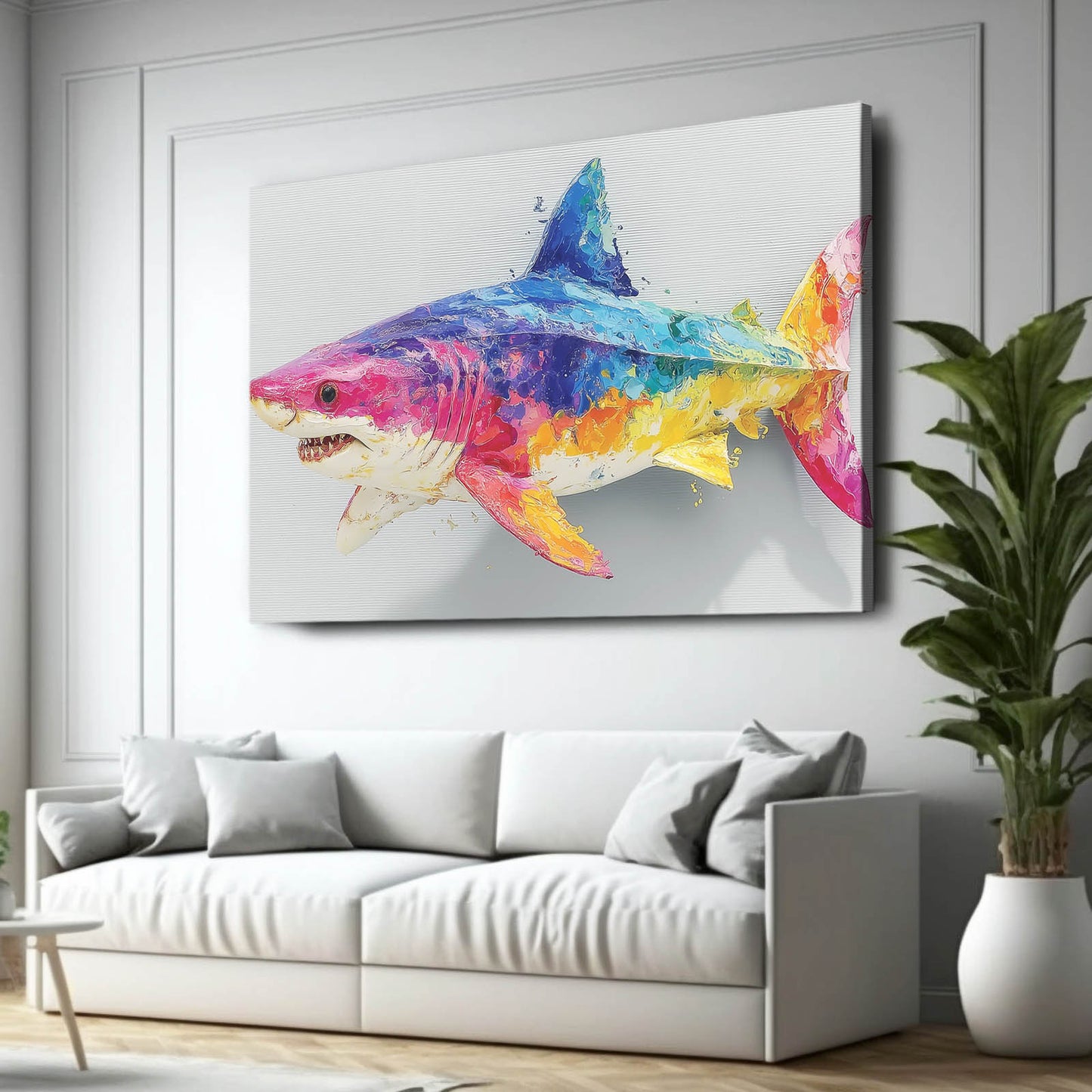 Rainbow Watercolor Shark Wall Decor – styled in a furnished interior