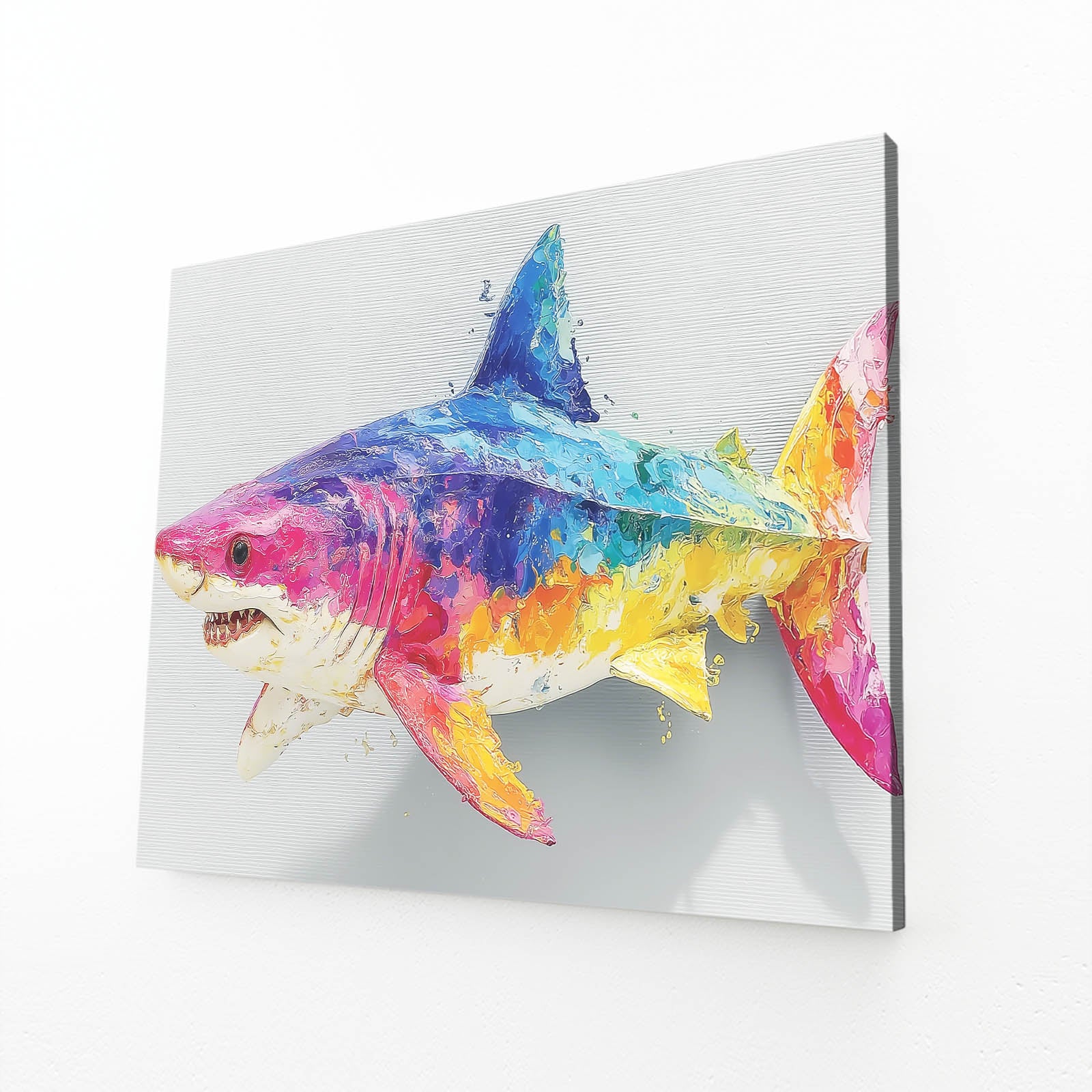 Rainbow Watercolor Shark Wall Decor – angled canvas view on white background