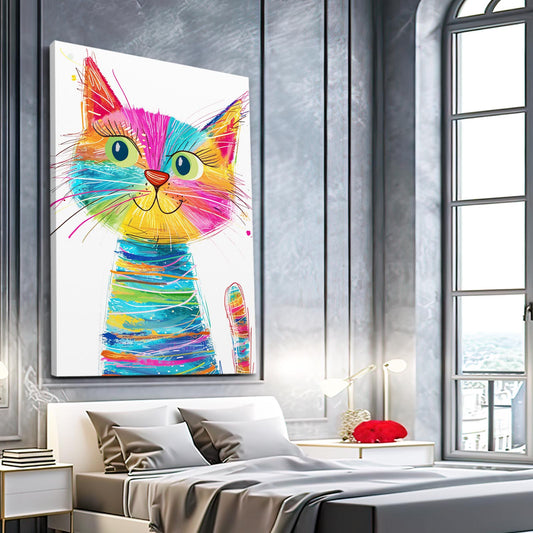 Rainbow Whiskers Cat Wall Art — digital canvas print in white tones, view 3
