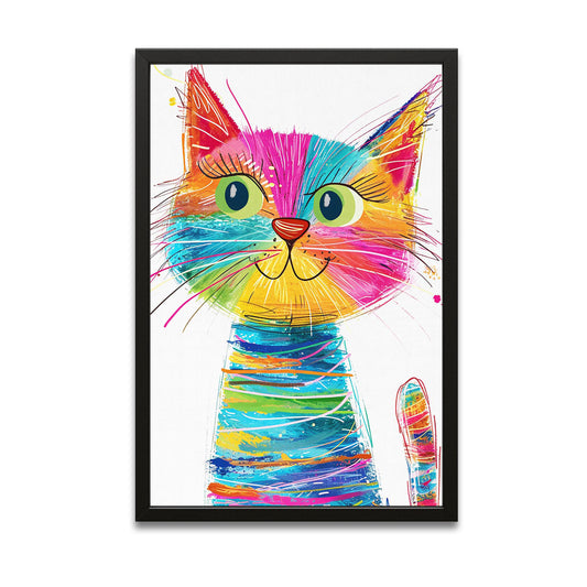 Rainbow Whiskers Cat Wall Art — digital canvas print in white tones, with Premium Black frame on white background