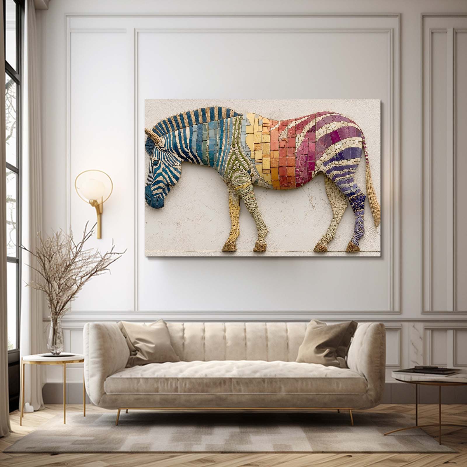 Rainbow Zebra Canvas – styled in a furnished interior