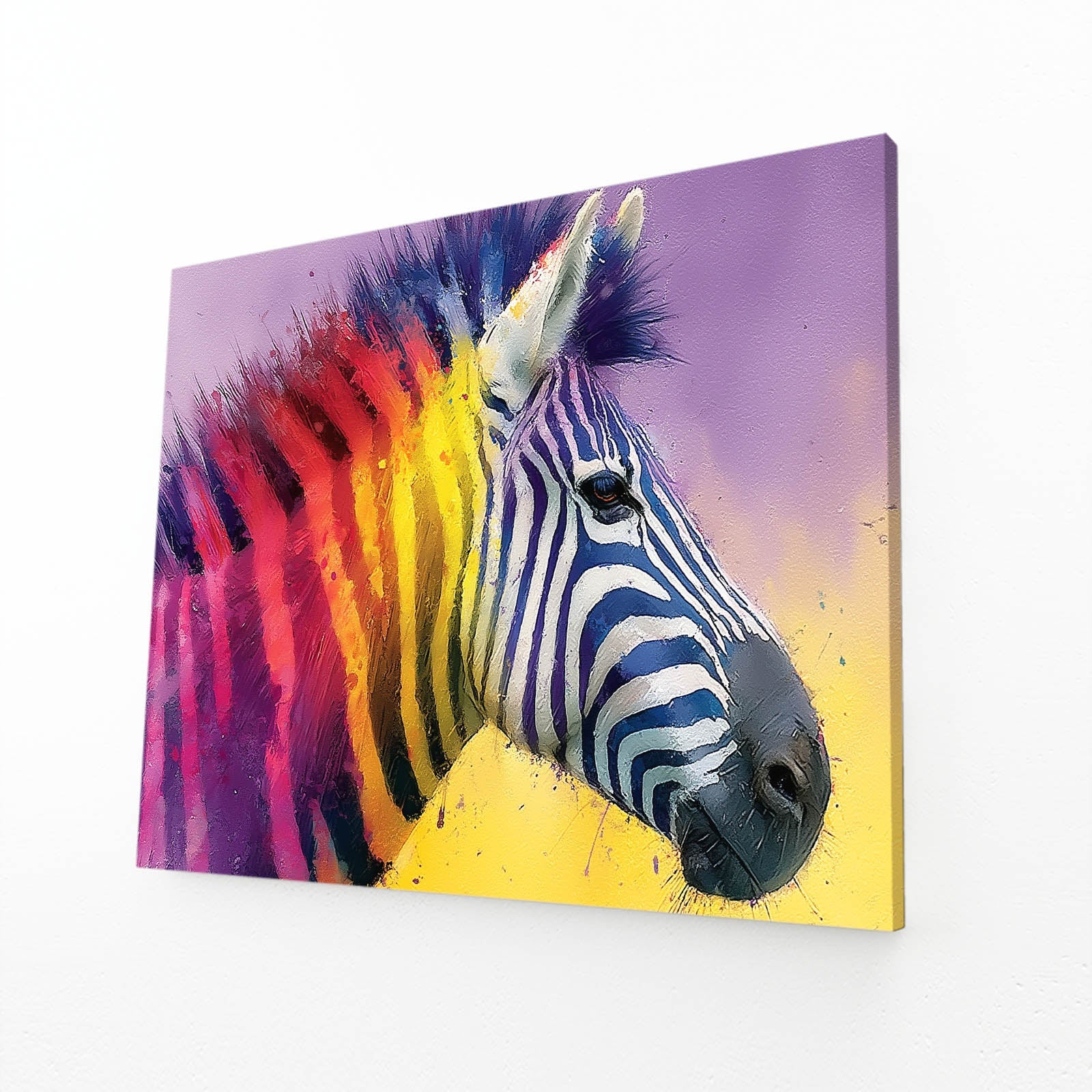 Rainbow Zebra Wall Art – angled canvas view on white background