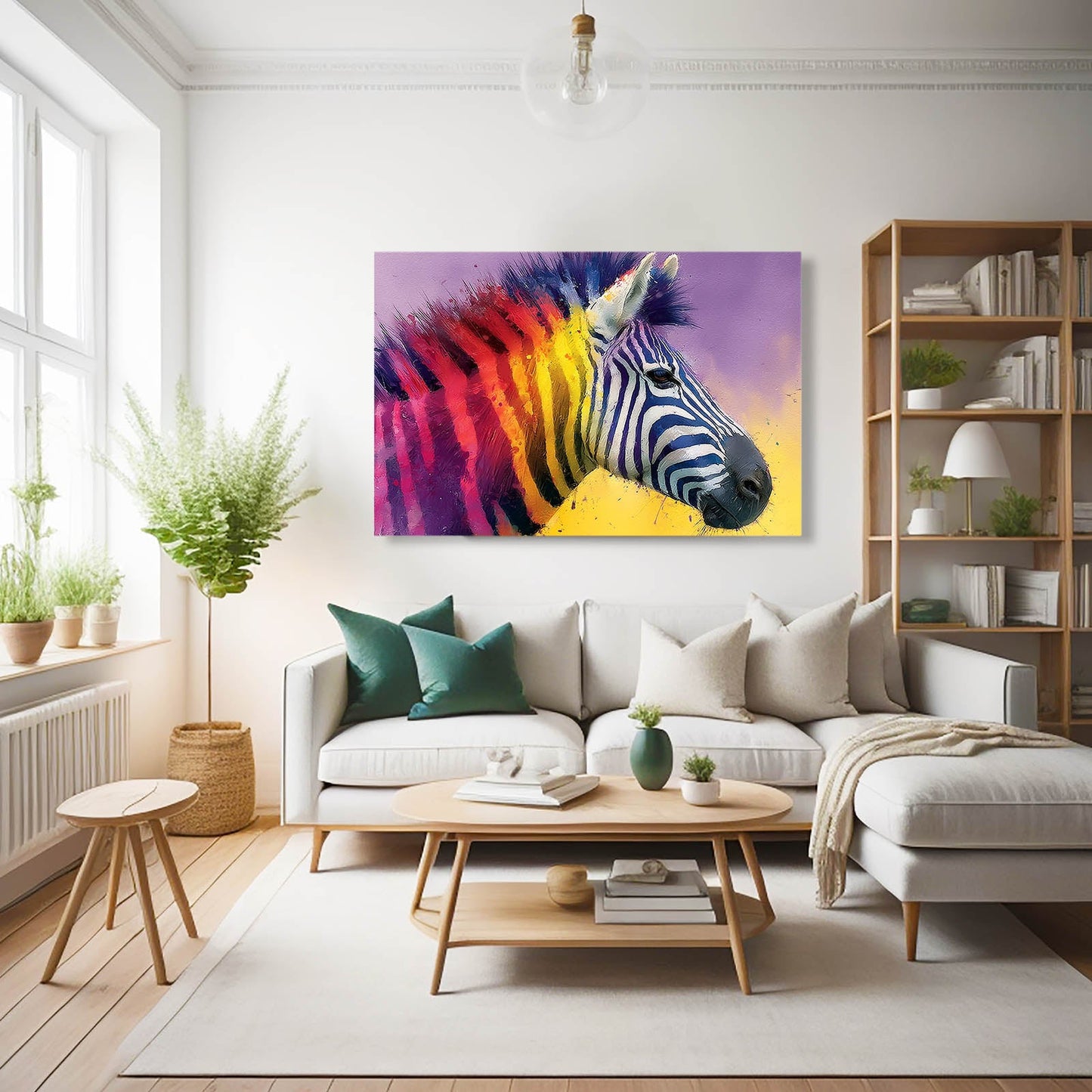 Rainbow Zebra Wall Art – styled in a furnished interior