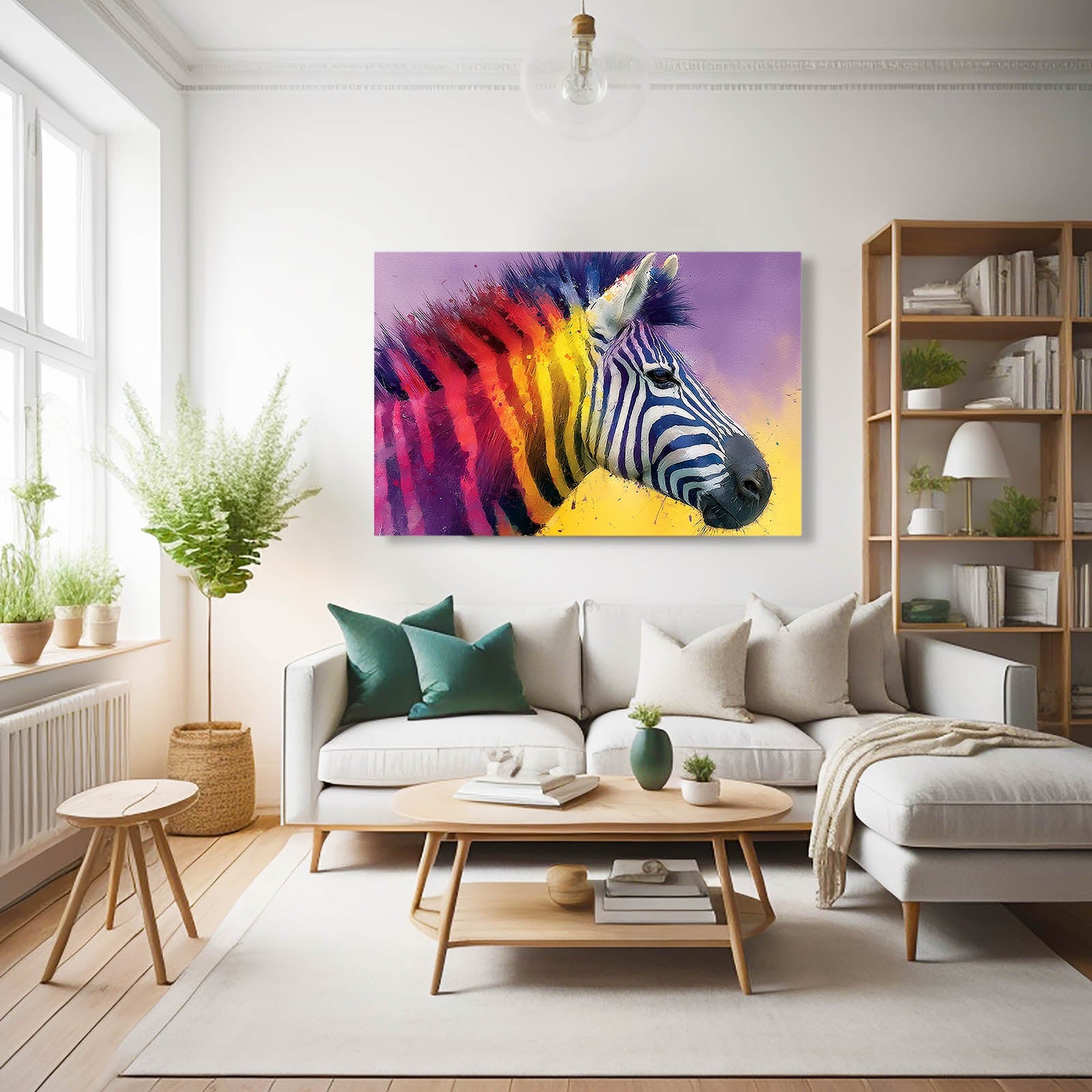 Rainbow Zebra Wall Art – styled in a furnished interior