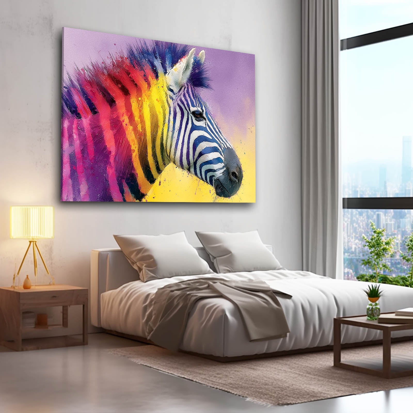 Rainbow Zebra Wall Art – styled in a furnished interior