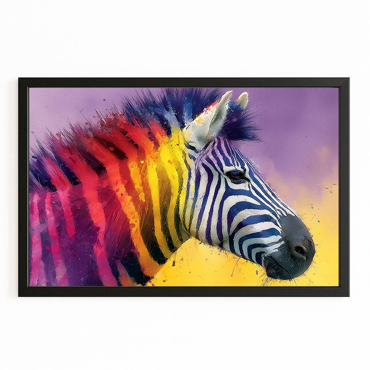 Rainbow Zebra Wall Art – with Premium Black frame on white background