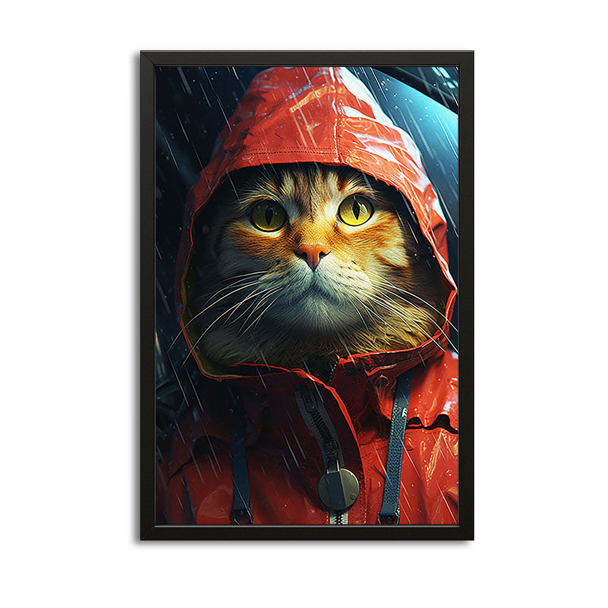 Rainy Day Cat Wall Art — digital canvas print in red tones, canvas print on white background
