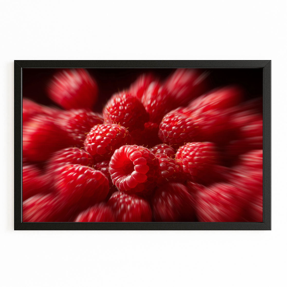 Raspberry Macro Burst Fruit Prints – with Premium Black frame on white background