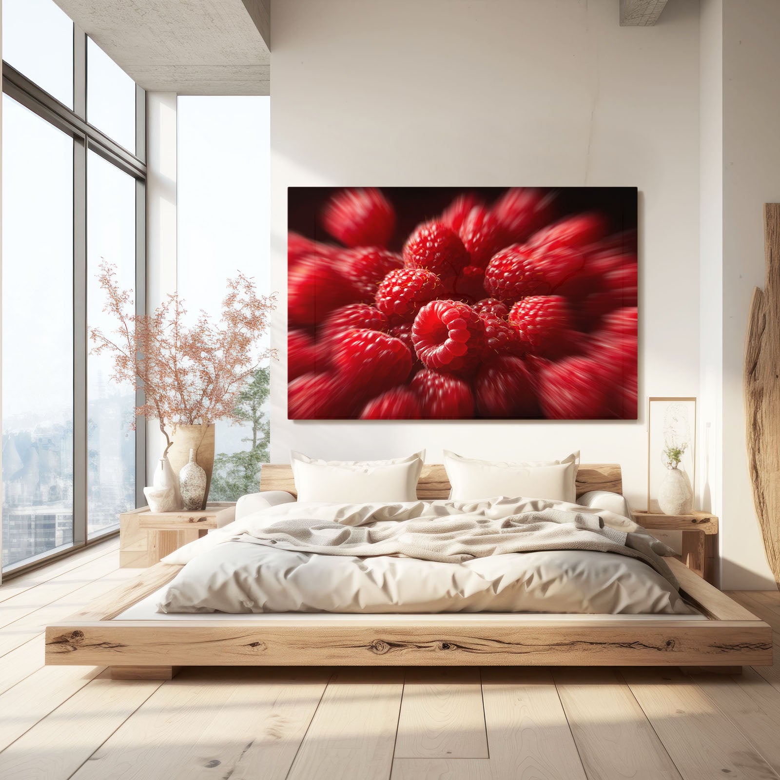Raspberry Macro Burst Fruit Prints – styled in a furnished interior