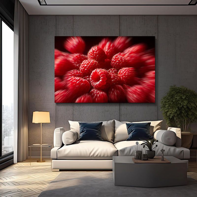 Raspberry Macro Burst Fruit Prints – styled in a furnished interior
