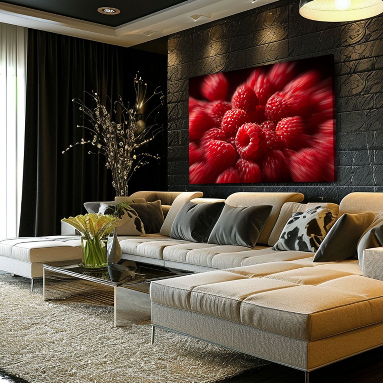 Raspberry Macro Burst Fruit Prints – styled in a furnished interior