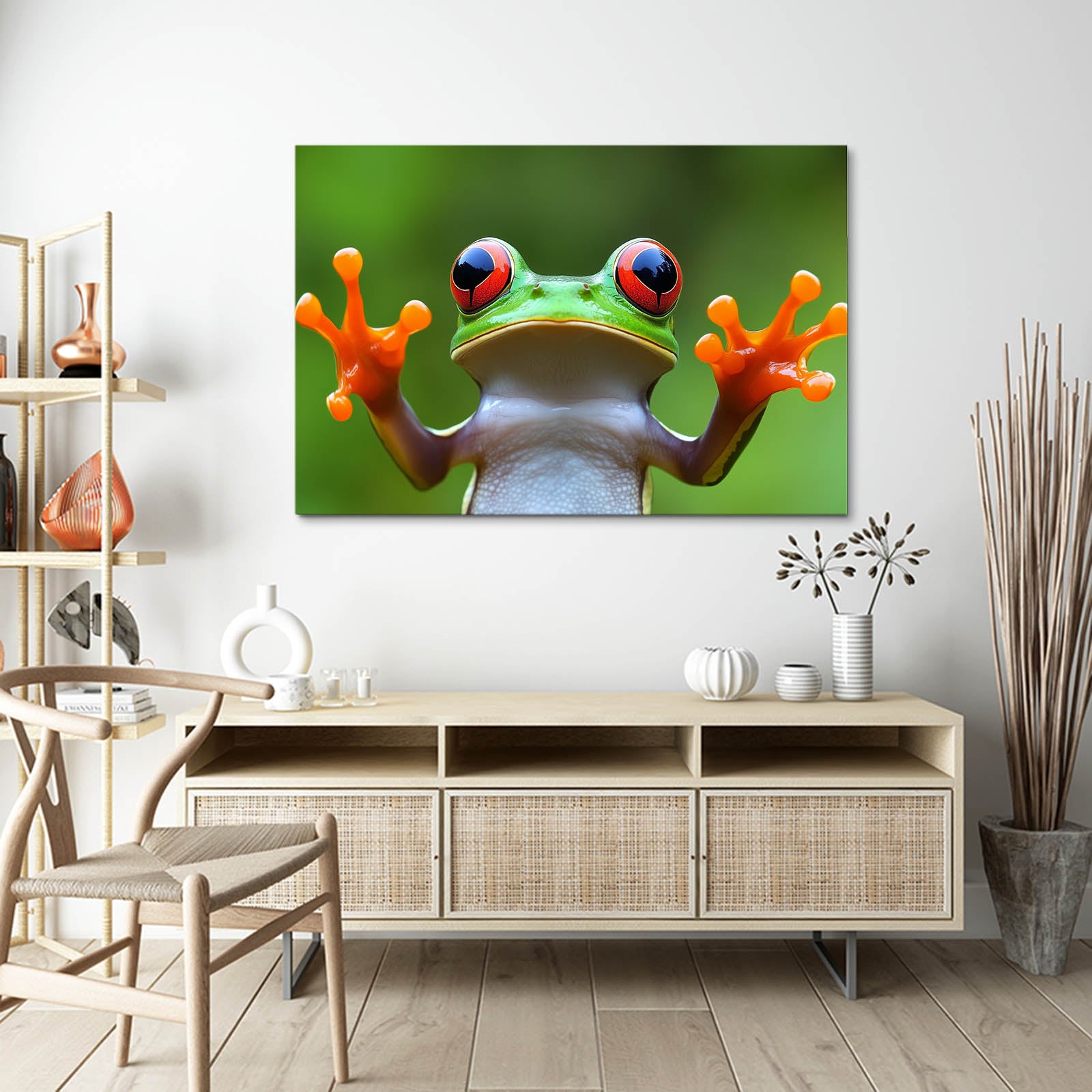 Reaching Treefrog Frog Prints – styled in a furnished interior