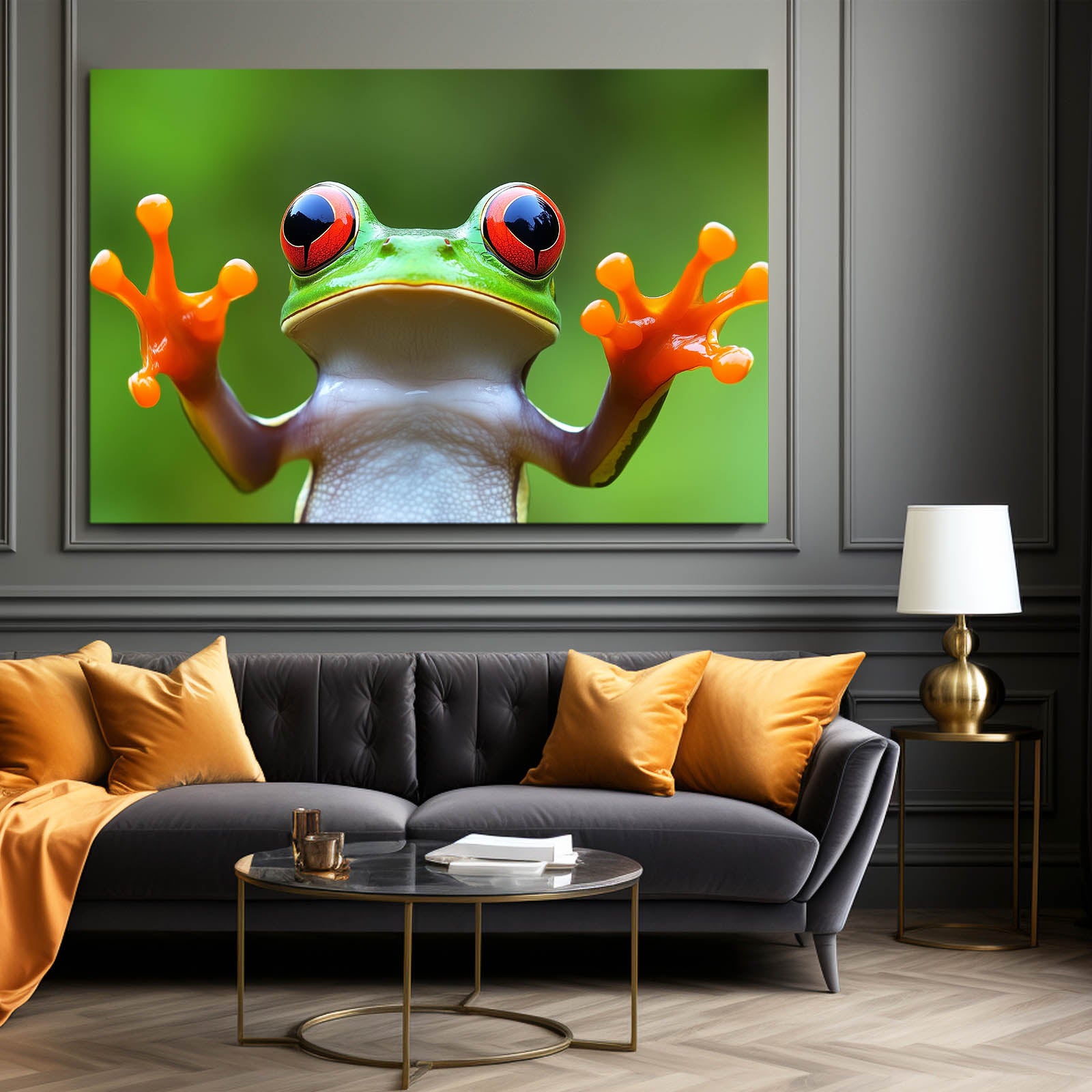 Reaching Treefrog Frog Prints – styled in a furnished interior