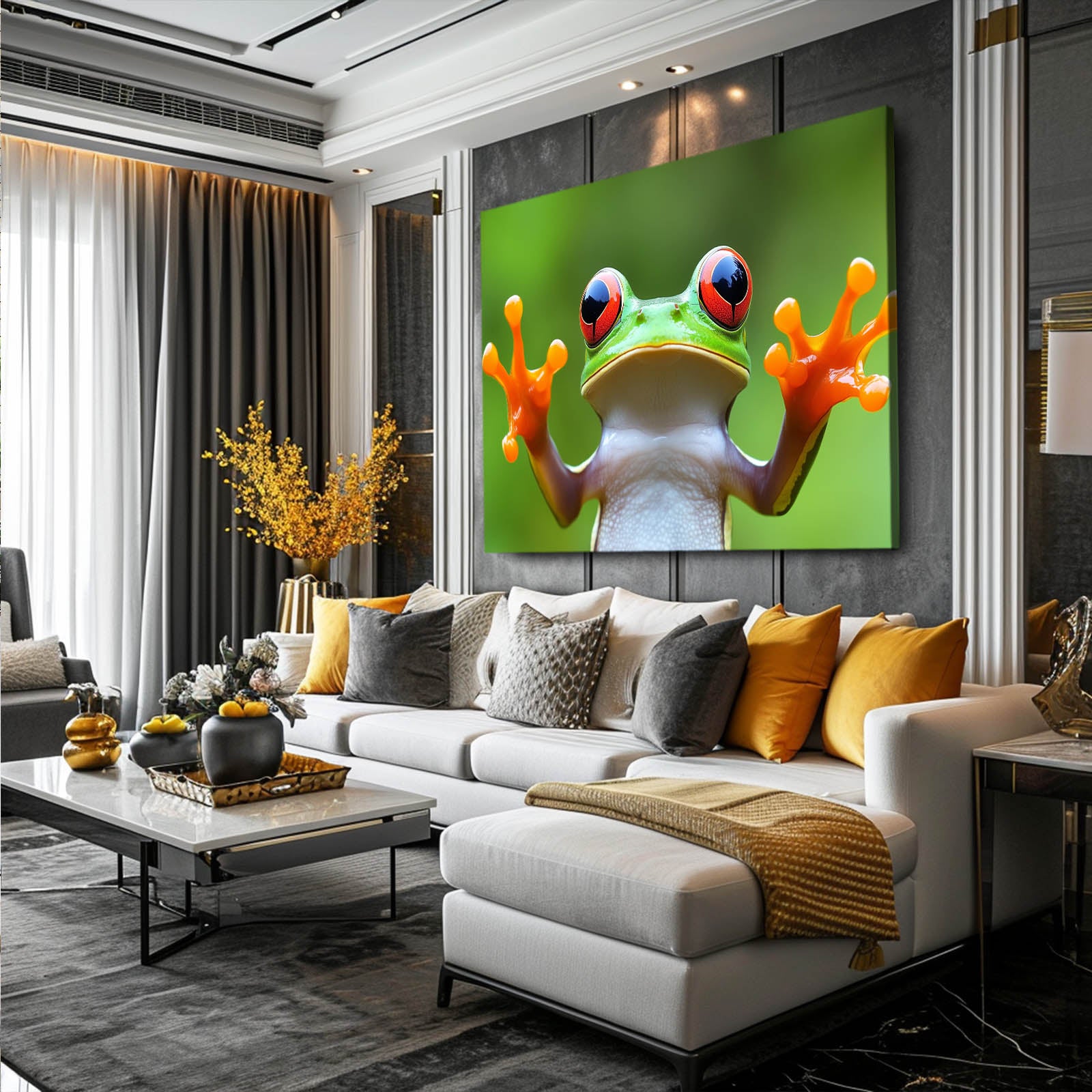 Reaching Treefrog Frog Prints – styled in a furnished interior