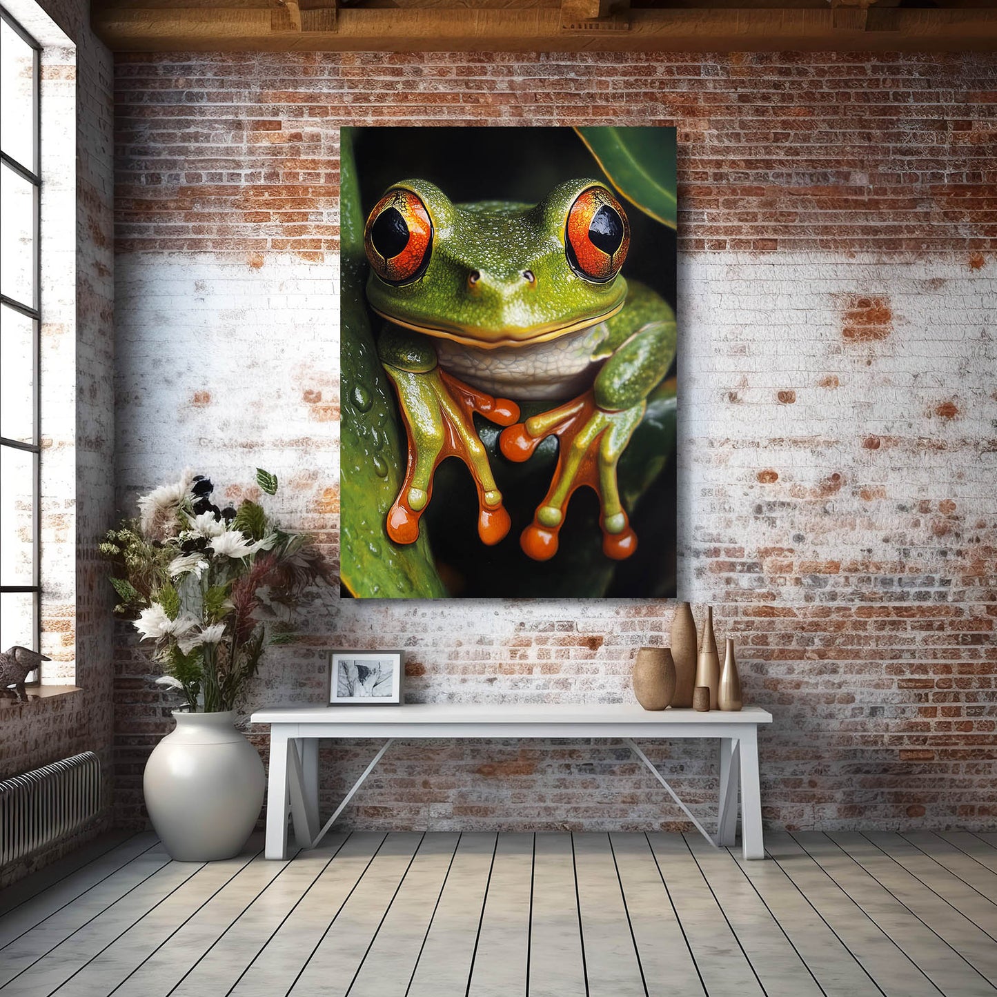 Realistic Red-Eyed Frog Wall Art – styled in a furnished interior