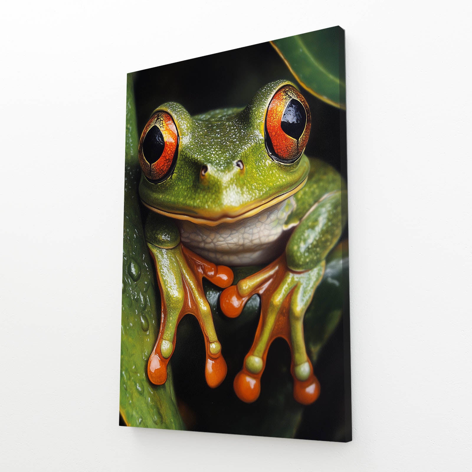 Realistic Red-Eyed Frog Wall Art – angled canvas view on white background