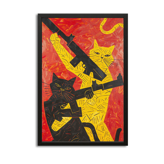 Rebel Felines Cat Art — graffiti canvas print in red tones, with Premium Black frame on white background