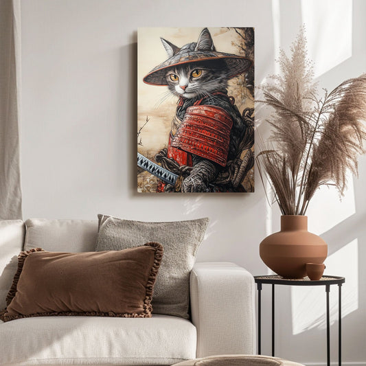 Red Armor Warrior Cat Art — portrait canvas print in brown tones, view 3