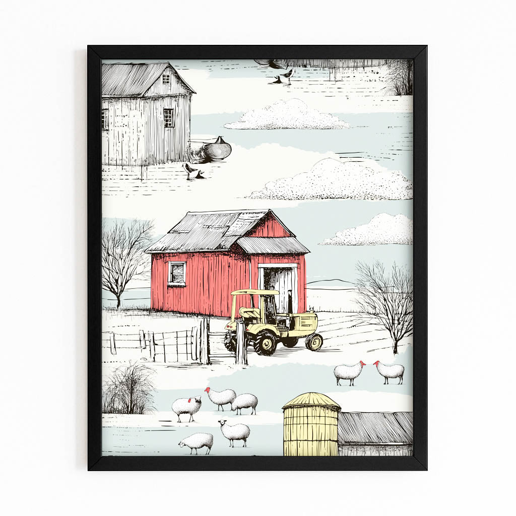 Red Barn Winter Illustration Farmhouse Prints – with Premium Black frame on white background