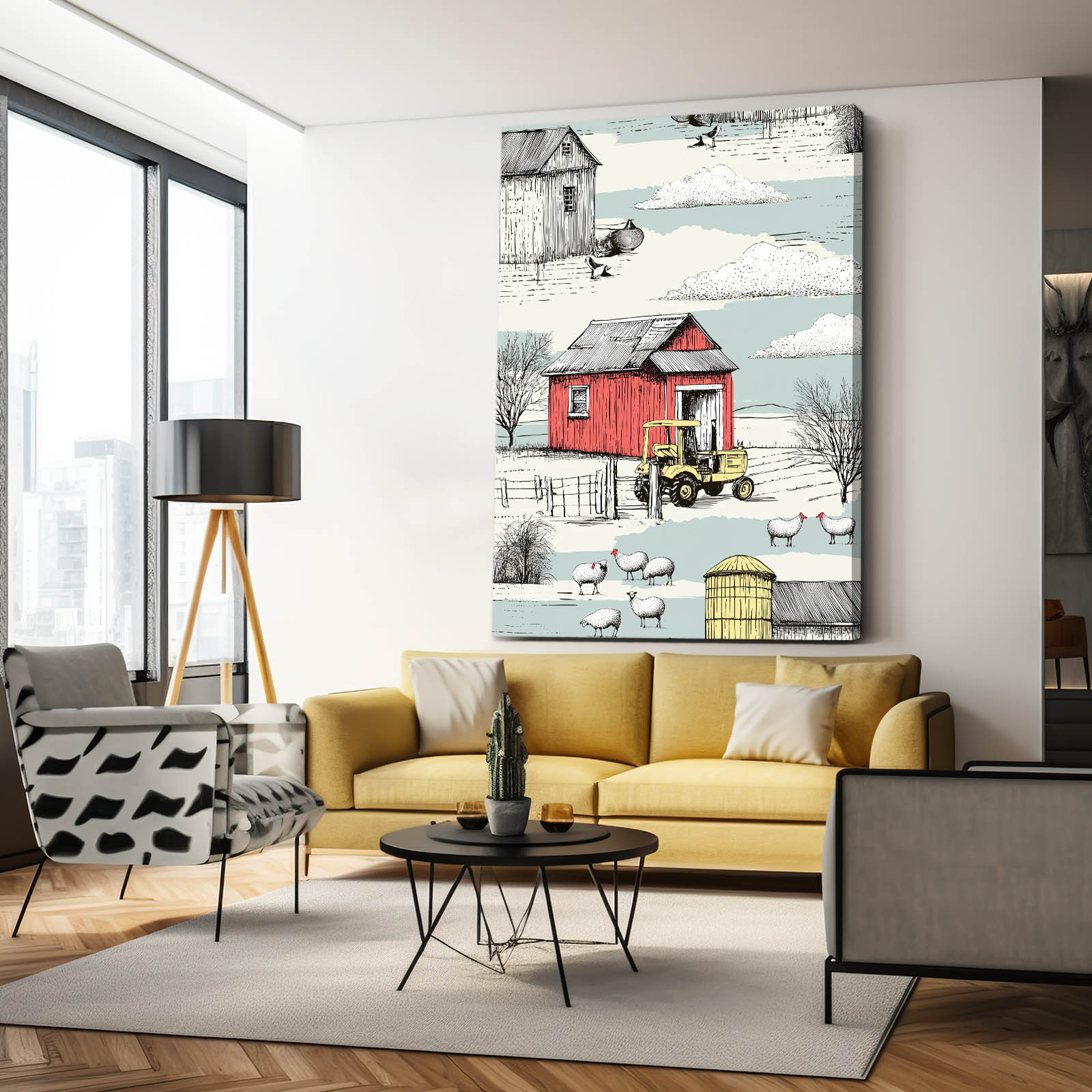 Red Barn Winter Illustration Farmhouse Prints – styled in a furnished interior