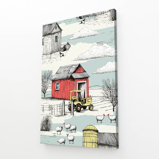 Red Barn Winter Illustration Farmhouse Prints — contemporary canvas print, angled canvas view on white background