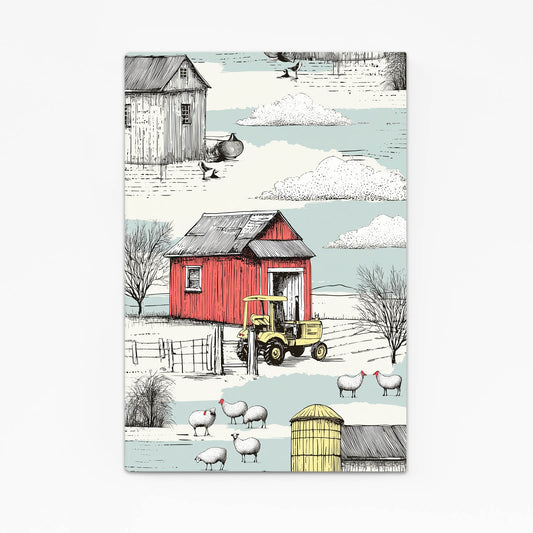 Red Barn Winter Illustration Farmhouse Prints — contemporary canvas print, angled canvas view on white background