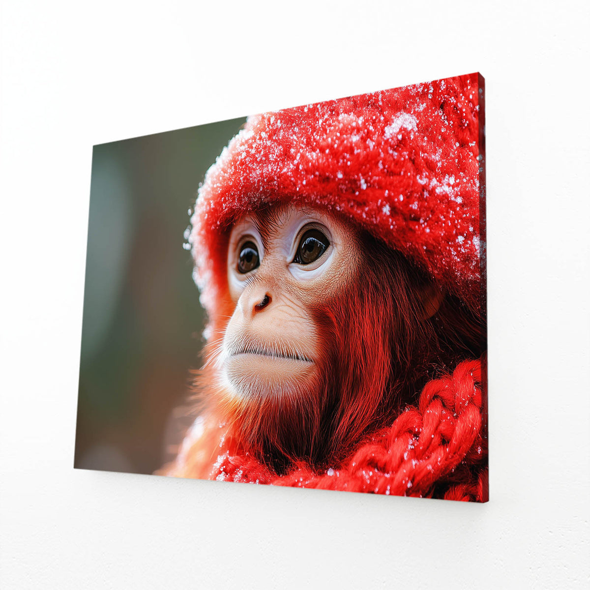Red Beanie Snow Monkey Wall Decor — photography canvas print, angled canvas view on white background