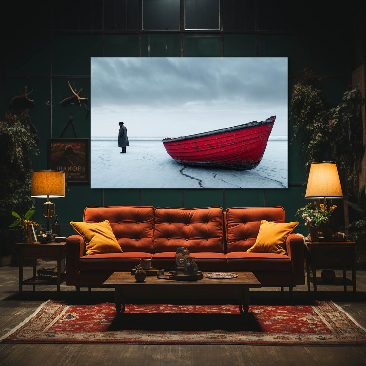 Red Boat Frozen Sea Photography Canvas Art – styled in a furnished interior