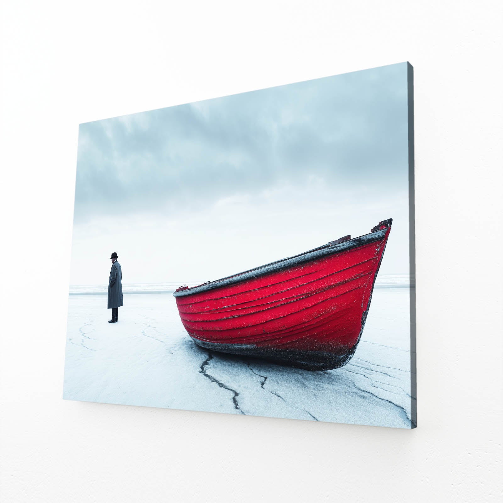 Red Boat Frozen Sea Photography Canvas Art – angled canvas view on white background