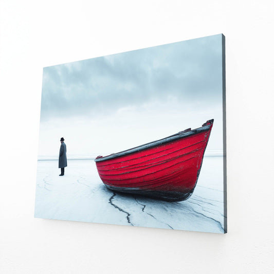 Red Boat in Winter Wall Art Photography – angled canvas view on white background