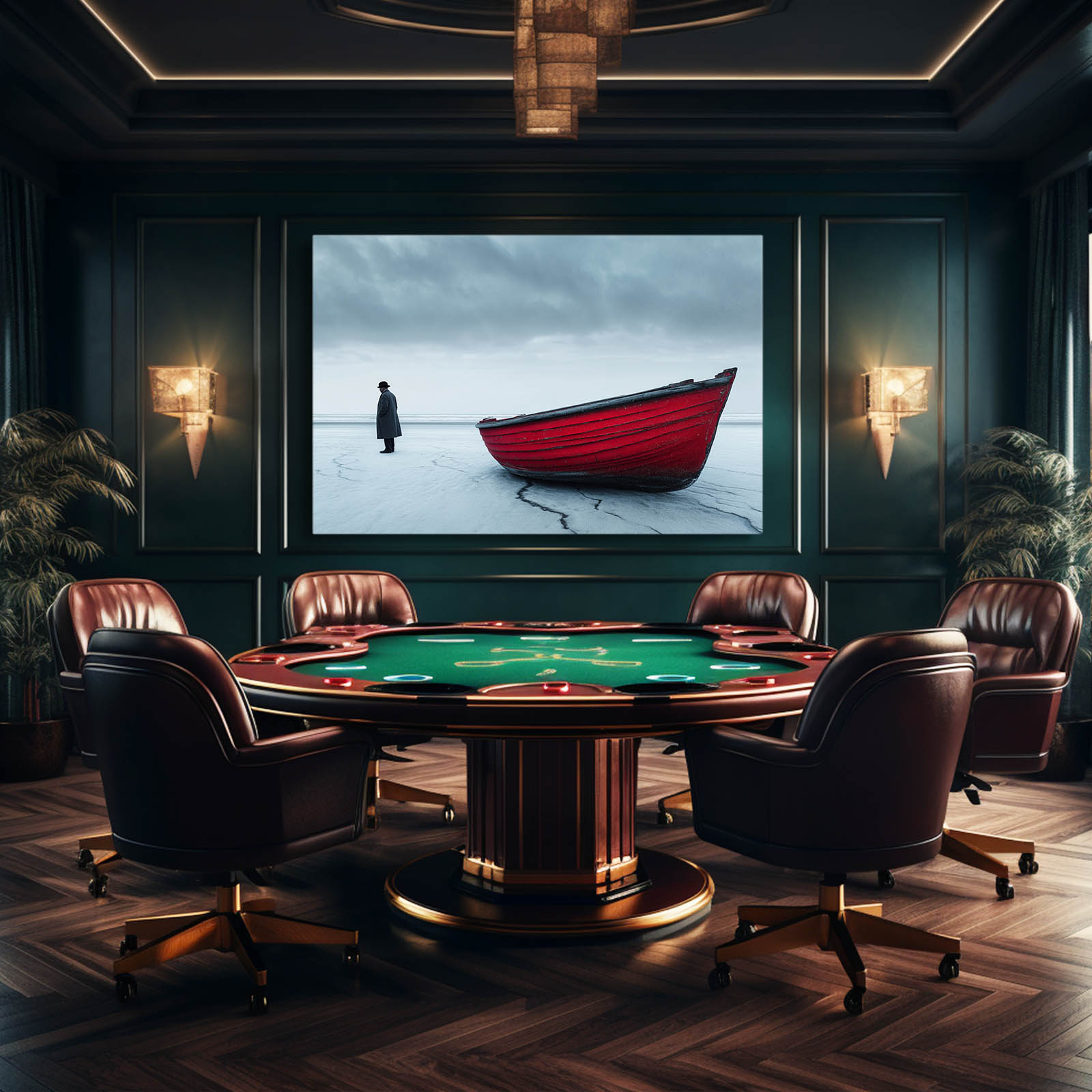 Red Boat in Winter Wall Art Photography – in a dark green room with a card table