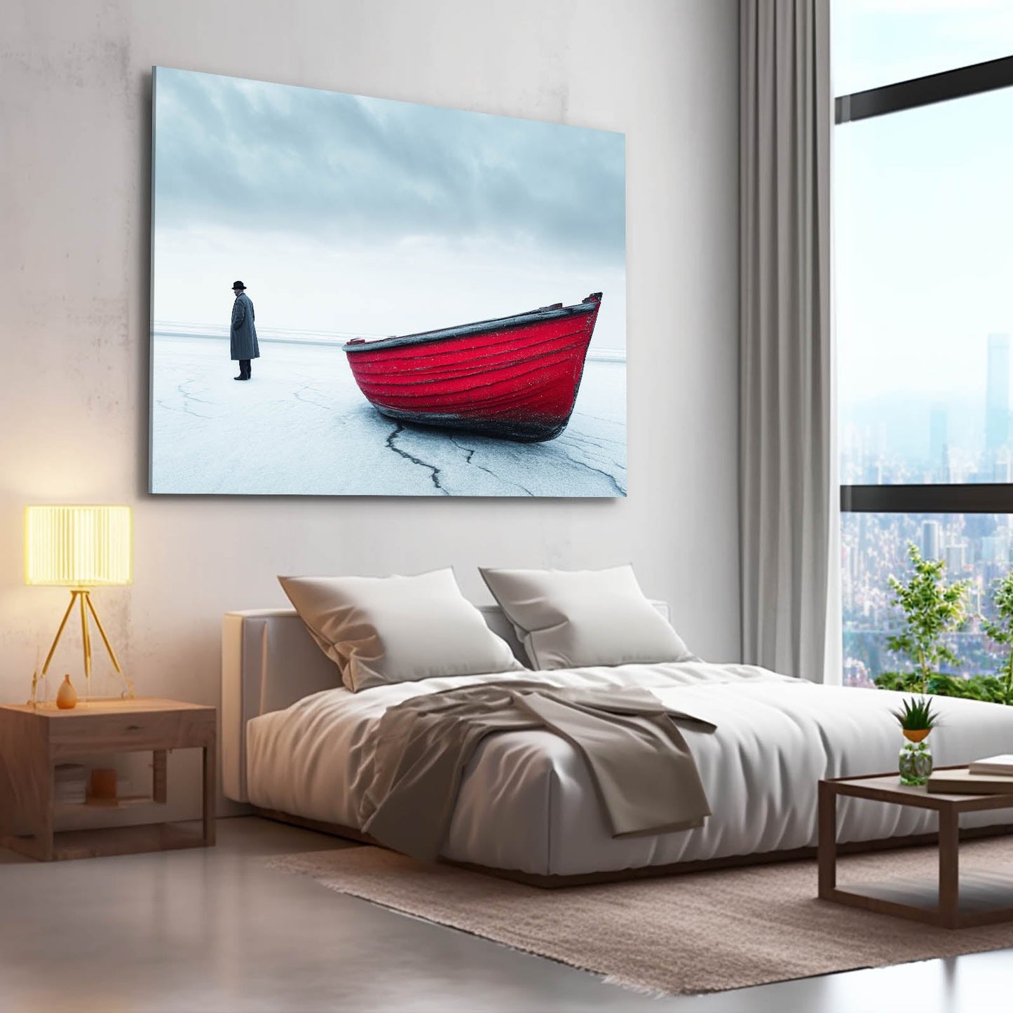 Red Boat in Winter Wall Art Photography – in a pale bedroom by the window