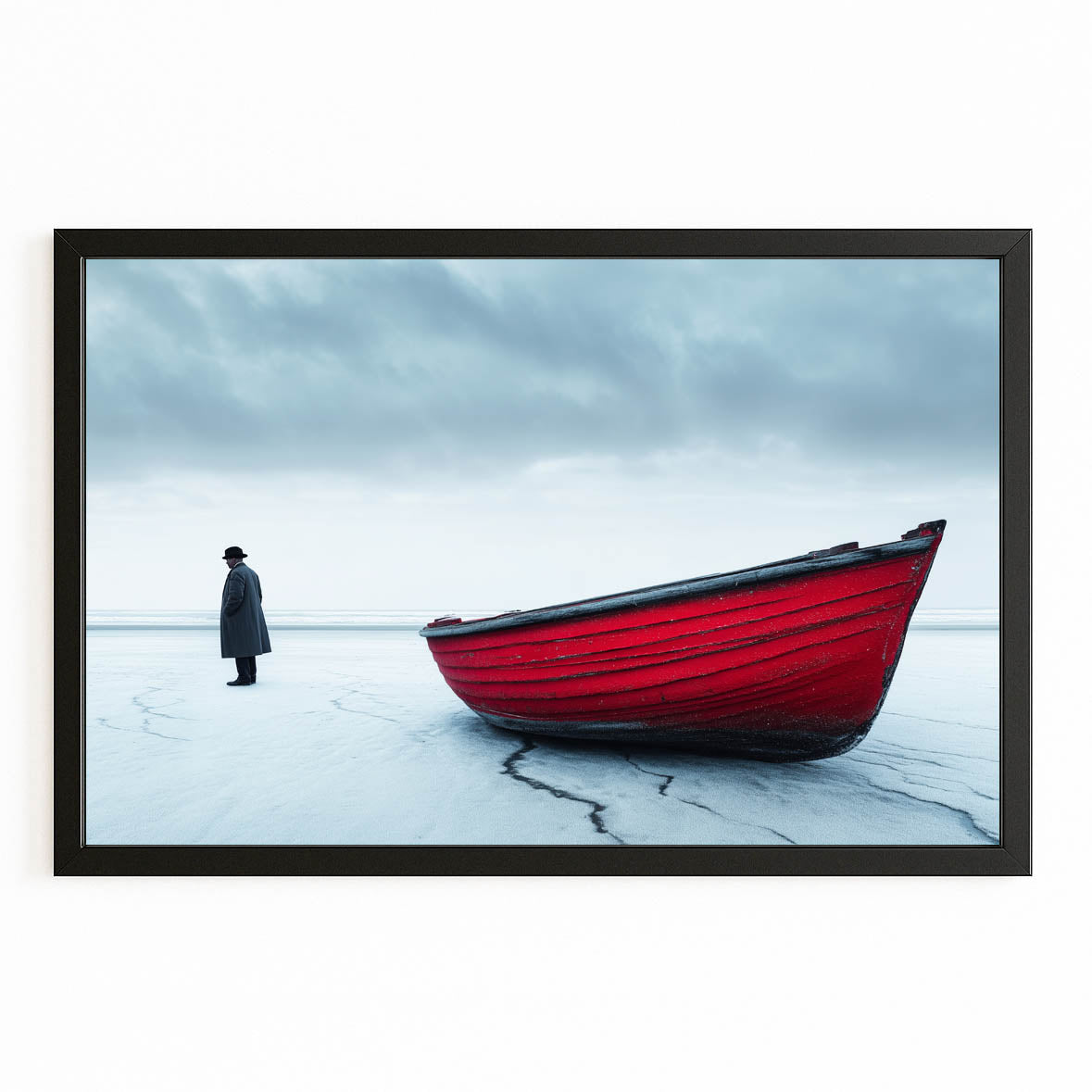 Red Boat in Winter Wall Art Photography — photography canvas print, with Premium Black frame on white background
