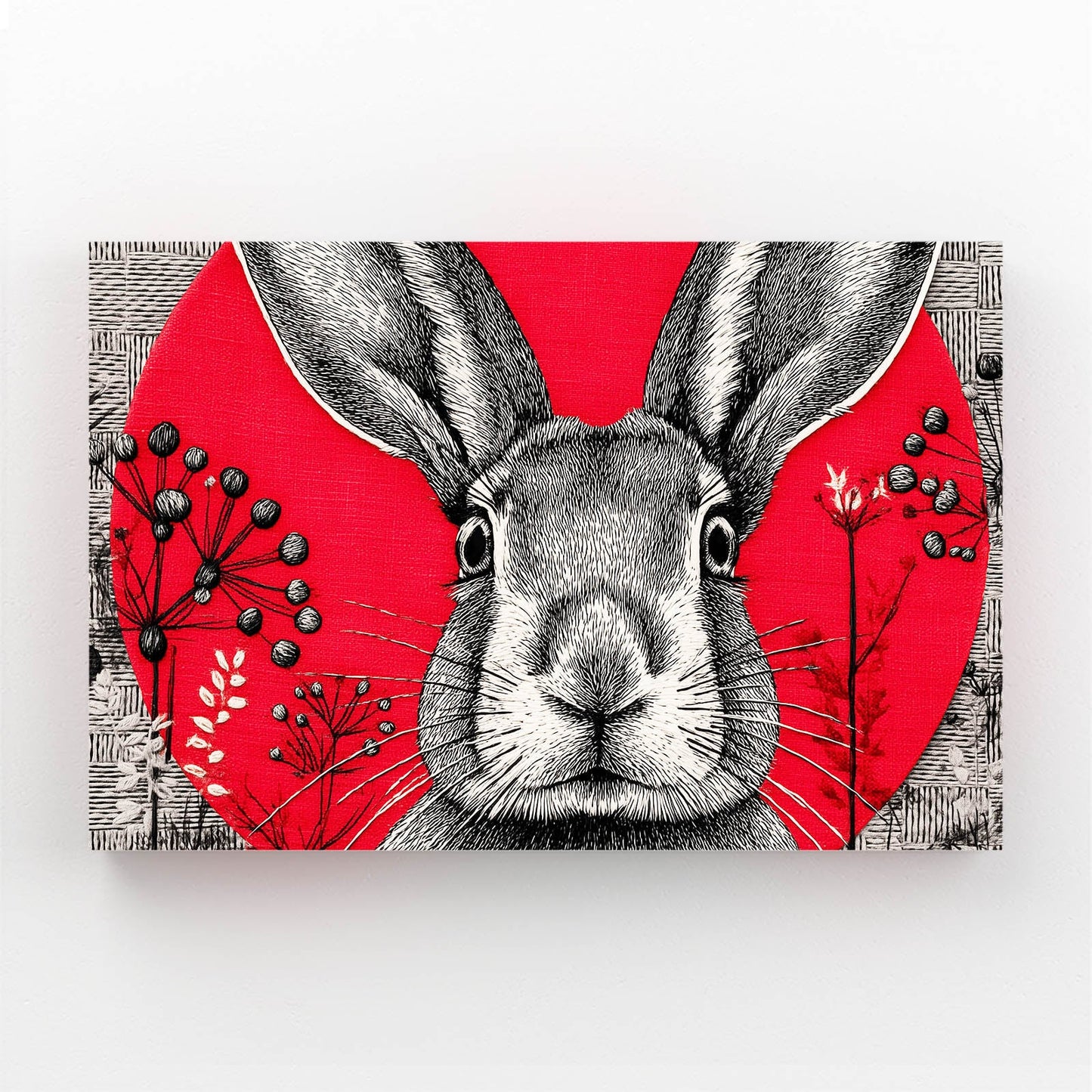 Red Bunny Wall Art – angled canvas view on white background