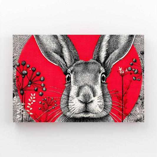 Red Bunny Wall Art – angled canvas view on white background