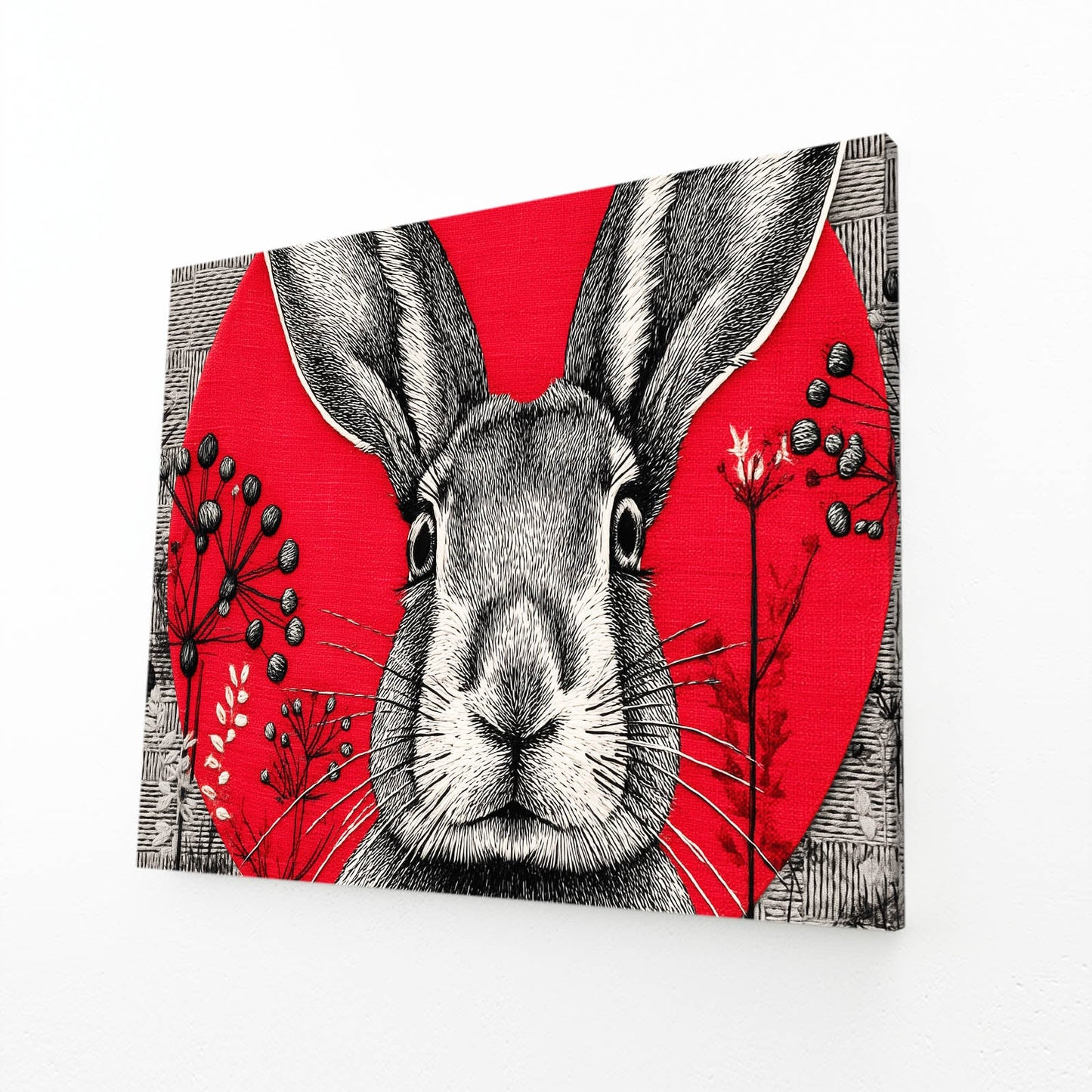 Red Bunny Wall Art – angled canvas view on white background