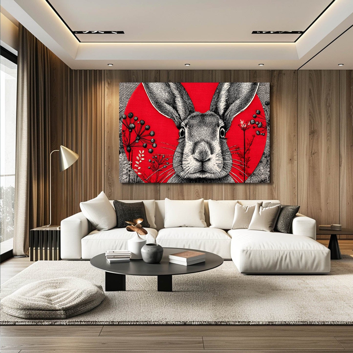 Red Bunny Wall Art – angled canvas view on white background