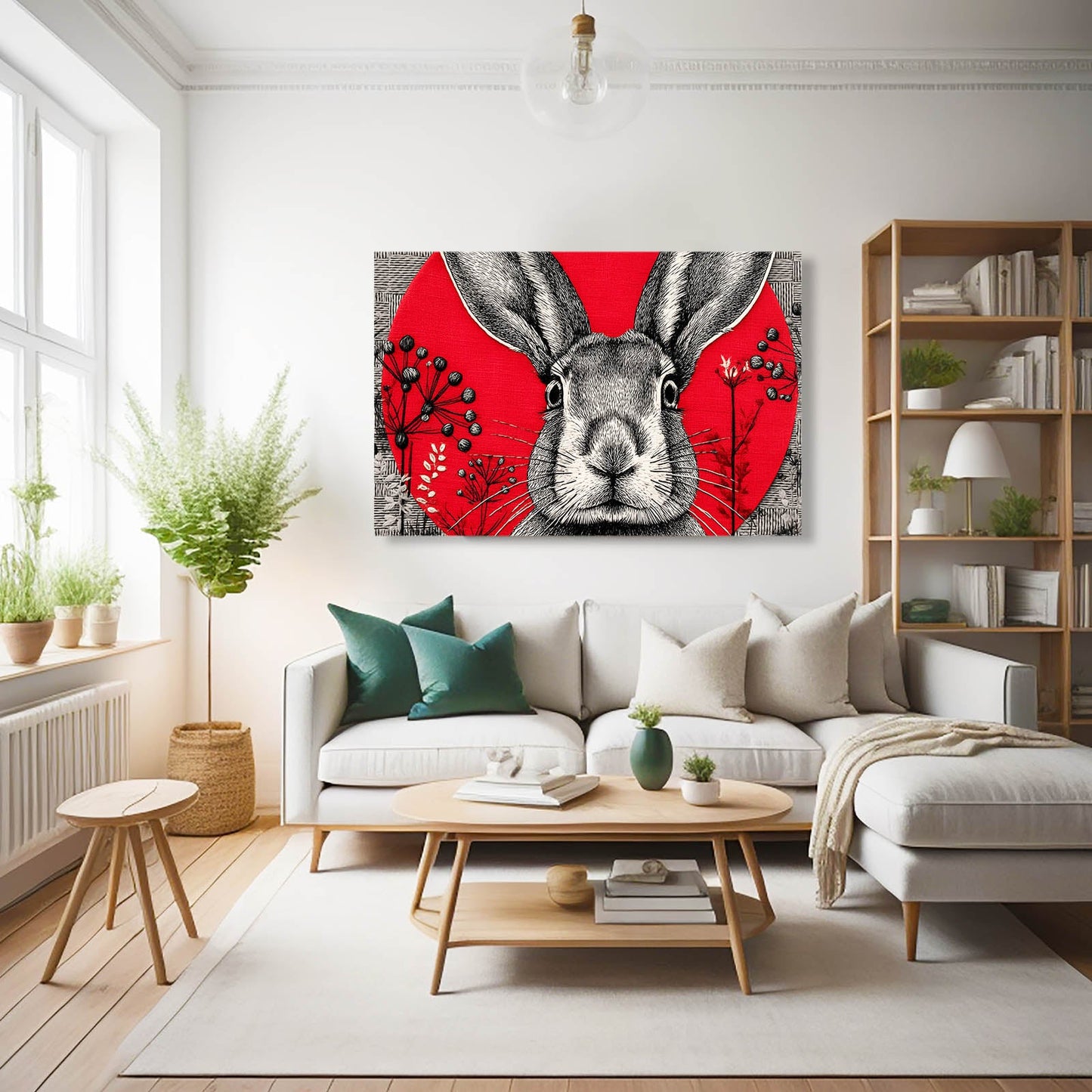 Red Bunny Wall Art – angled canvas view on white background