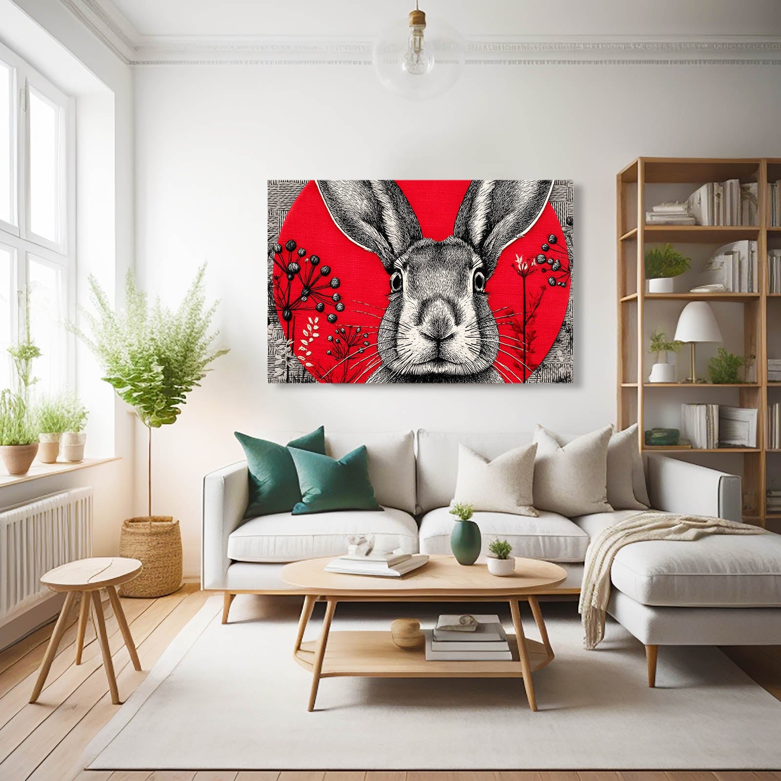 Red Bunny Wall Art – angled canvas view on white background