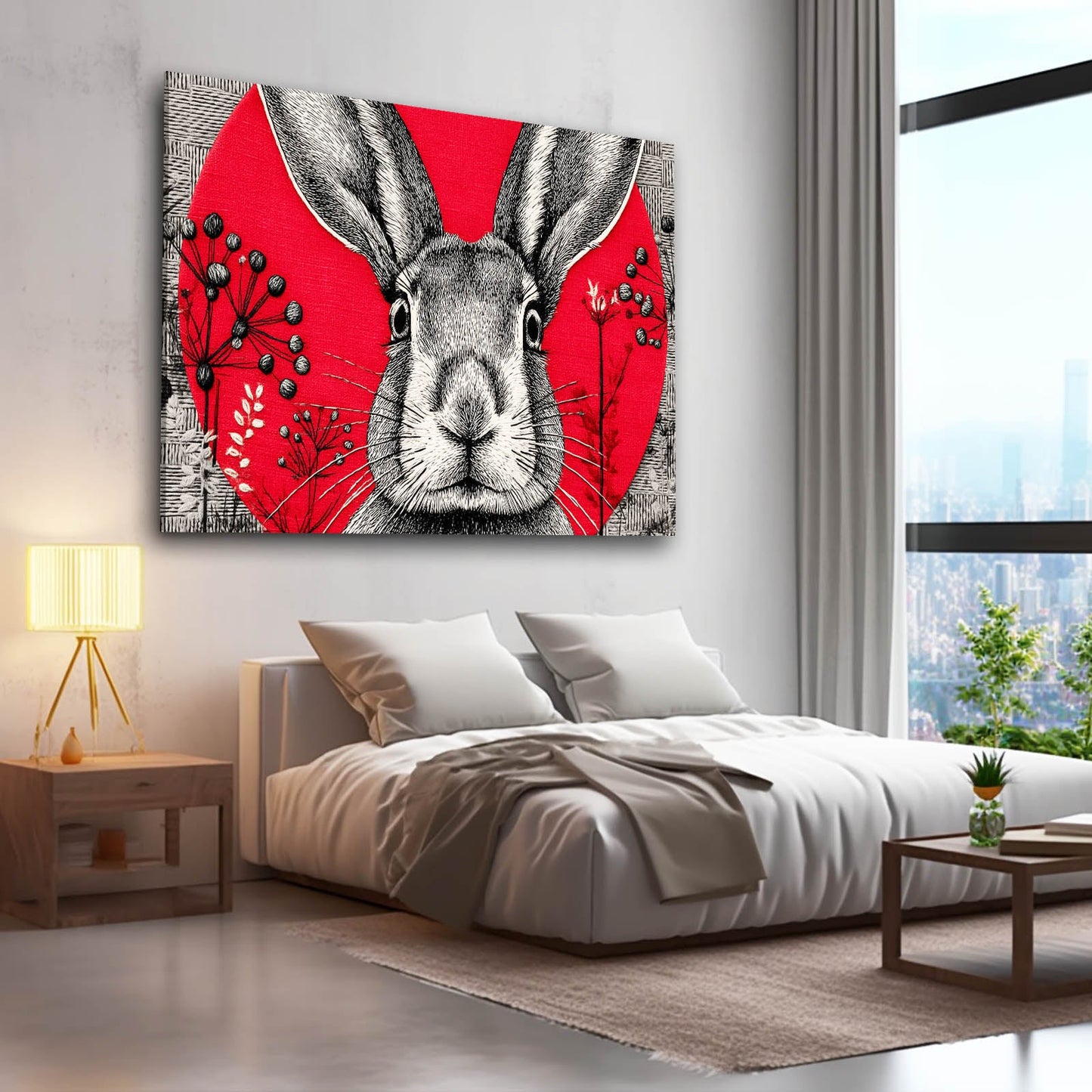 Red Bunny Wall Art – angled canvas view on white background