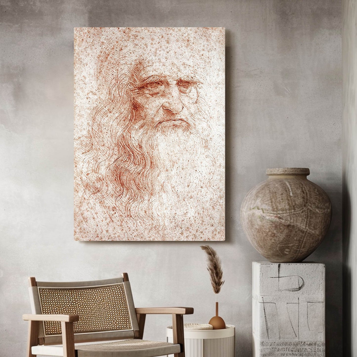 Red Chalk Self Portrait Da Vinci Wall Decor – styled in a furnished interior