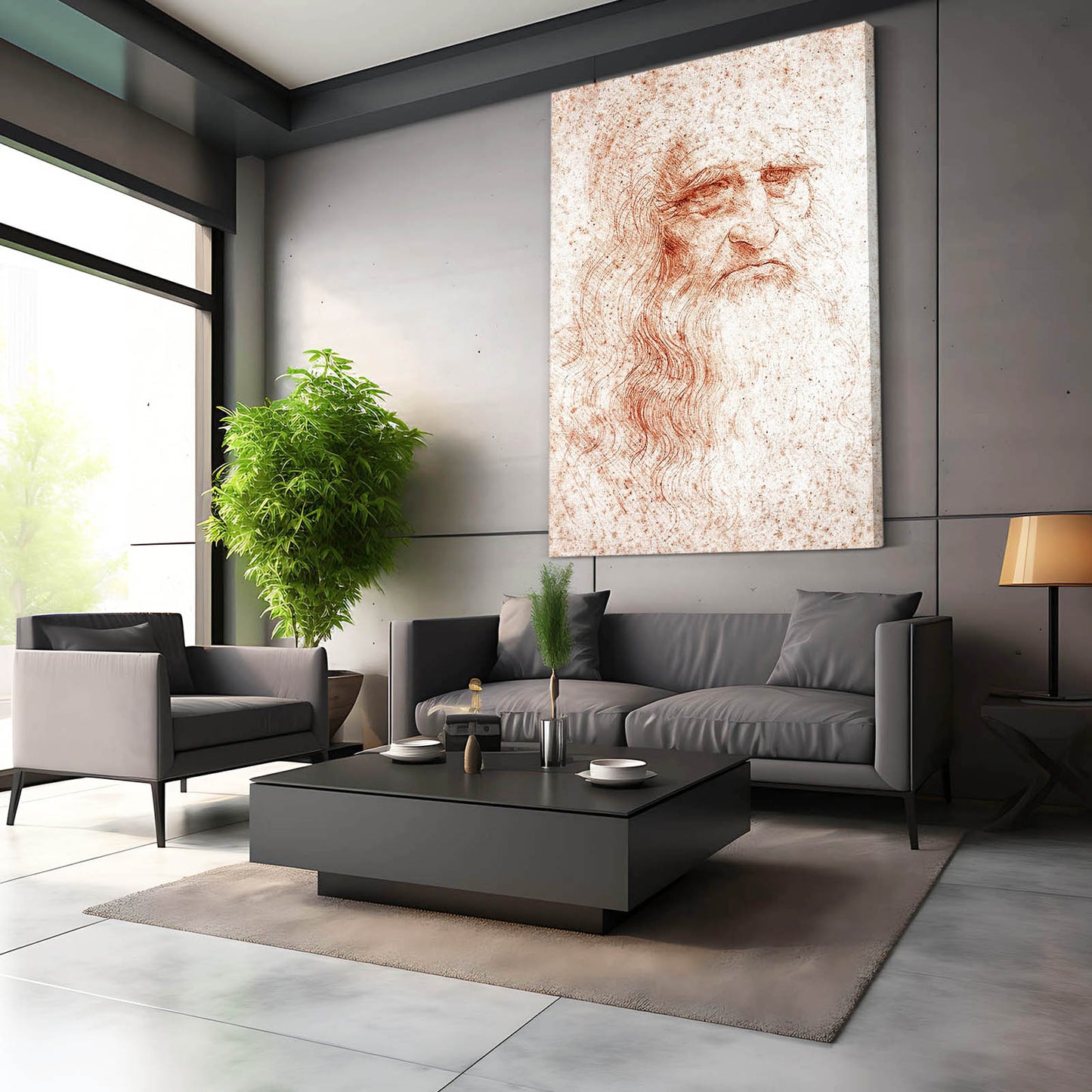 Red Chalk Self Portrait Da Vinci Wall Decor – styled in a furnished interior