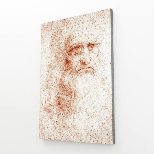 Red Chalk Self Portrait Da Vinci Wall Decor — realism canvas print, angled canvas view on white background