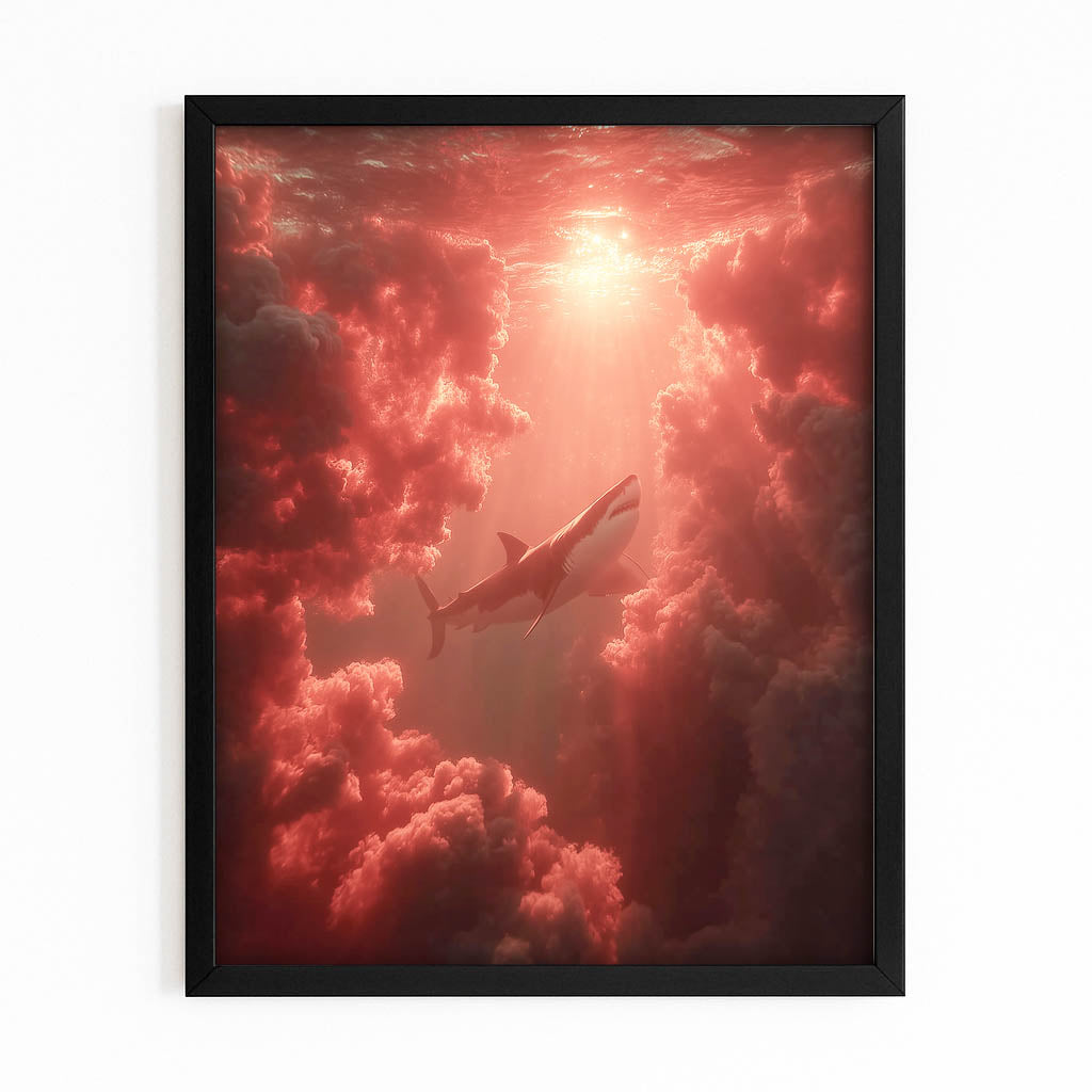 Red Cloud Silhouette Shark Prints – with Premium Black frame on white background